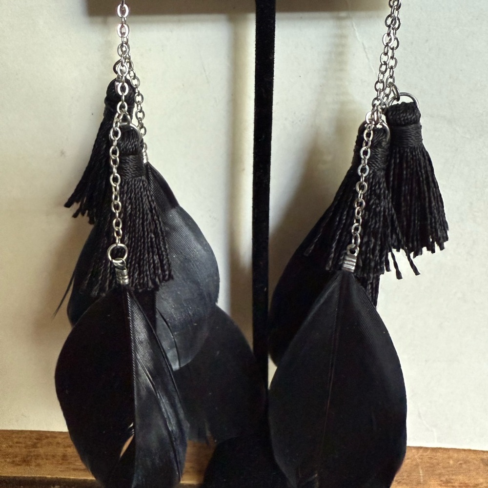 Chic Black Feather and Black Tassel Earrings - Picture 3 of 14